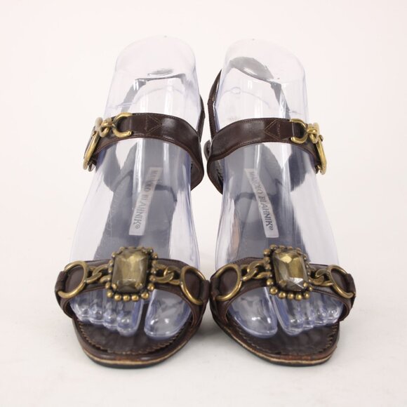 Manolo Blahnik Heels Sz 35.5 Teodo Calf Brown Brass Buckles Rhinestone Sandals - Picture 3 of 12